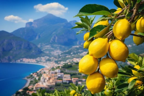 Breathtaking Amalfi landscape featuring lemons in the foreground, Italy.